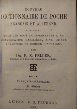 Nouveau dictionnaire de Poche Francais et Allemand, 1878 r.