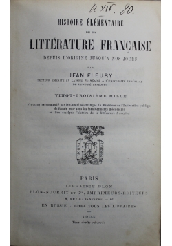 Histoire Elementaire de la Litterature Francaise 1903 r.
