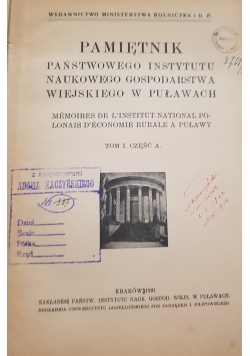 Pamiętnik państwowego instytutu naukowego gospodarstwa wiejskiego w Puławach tom I, 1921r.