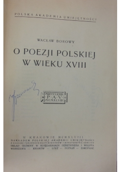 O poezji polskiej w wieku VIII, 1948 r.