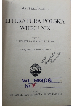 Literatura Polska wieku XIX część IV 1929 r.