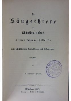 Die Saugethiere des Munsterlandes ,1867r.