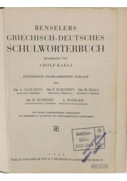 Benselers Griechisch-Deutsches Schulworterbuch, 1931 r.
