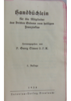 Handbuchehlein fur die mitglieder des dritten ordens von heiligen franzistus, 1938r.