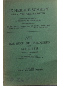 Das Buch Des Predigers oder Koheleth 1925 r.