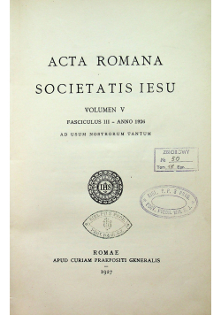 Acta Romana Societatis Iesu volumen V 1927 r.