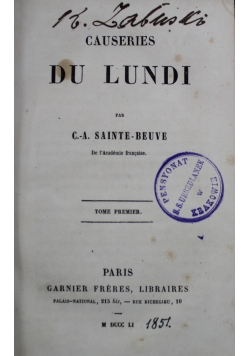 Causeries Du Lundi  Tome Premier 1851 r.