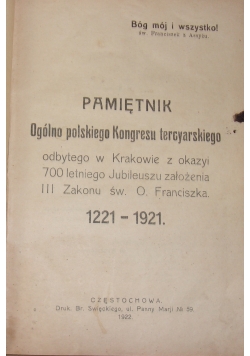 Pamiętnik Ogólno polskiego Kongresu tercyarskiego, 1922 r.