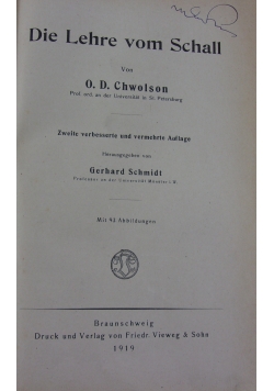 Lehrbuch der Physik Die Lehre vom Schall, 2 tomy w 1,1919r