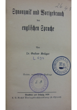 Synonnmit und Wortgebrauch der englischen Gorache, 1920 r.