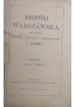 Biblioteka warszawska sierpień. Tom III, zeszyt 8, 1869 r.