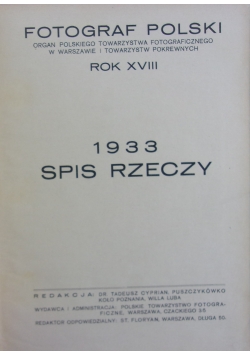 Fotograf polski 1933, spis rzeczy, 1933 r.