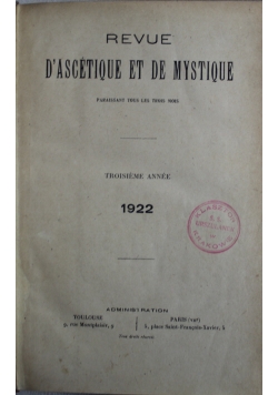 Revue Dascetique et de Mystique Troisieme Annee 1922 r.
