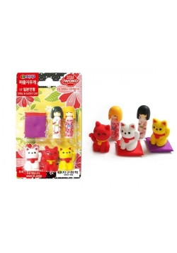 Zestaw gumek do ścierania - Kokeshi i kotek