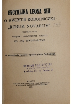 Encyklika Leona XIII o kwestji robotniczej "Rerum Novarum" 1931 r.