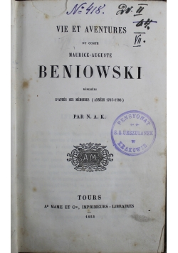 Vie et Aventures du Comte Maurice Auguste Beniowski 1853 r.
