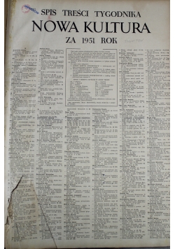 Spis treści tygodnika nowa kultura na 1951  rok 26 numerów