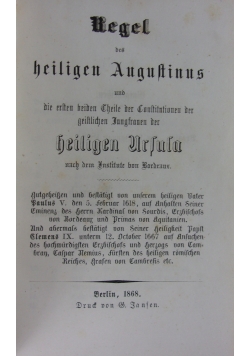 Regel des heiligen Augustinus  1868 r.