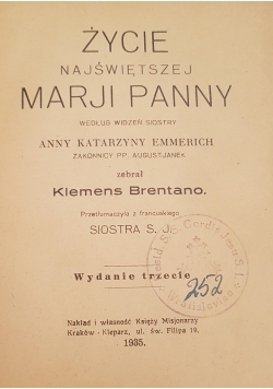 Życie najświętszej Marji Panny, 1935r.