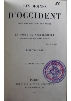 Les Moines D'Occident Tome III 1893 r.