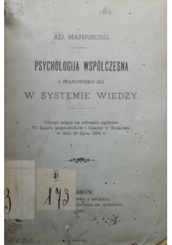 Psychologija współczesna i stanowisko jej w systemie wiedzy 1891 r.
