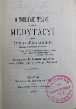 O modlitwie myślnej czyli medytacyi 1876 r.