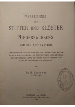 Werzeichnis der Stifter und Kloster Niedersachsens vor der Reformation, 1908 r.