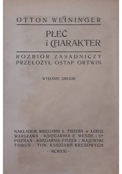 Płeć i charakter , 1921 r.