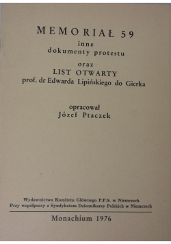 Memoriał 59 inne dokumenty protestu oraz list otwarty prof. dr Edwarda Lipińskiego do Gierka