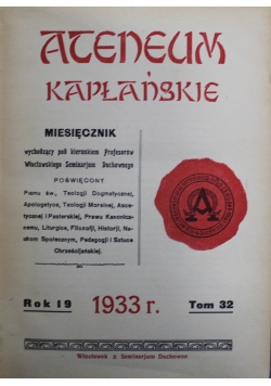 Ateneum Kapłańskie miesięcznik tom 32 rok 19 1933 r.