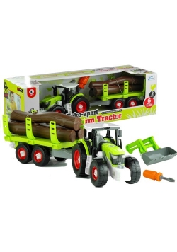Rozkręcany traktor z przyczepą z drewnem 43 cm