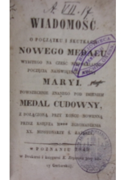 Wiadomość o początku i skutkach Nowego Medalu, 1849 r.