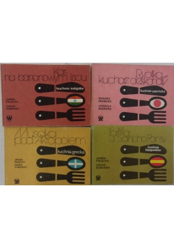 Musaka pod Akropolem: Kuchnia grecka / Tortilla u Sancho Pansy: kuchnia hiszpańska / Ryorika-Kucharz doskonały: Kuchnia japońska / Kari na bananowym liści: kuchnia indyjska, 4 książki