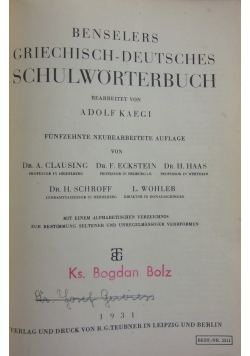 Benselers Griechisch- Deutsches Schulworterbuch, 1931r.