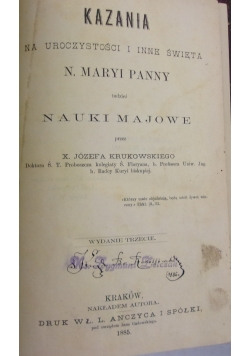 Kazania na uroczystości i inne święta Maryi Panny, 1885 r.