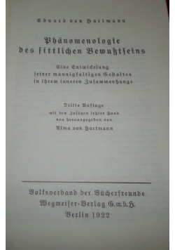 Phanomenologie des sittlichen Bewusstseins, 1922r.