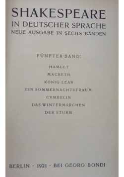 Shakespeare in deutscher Sprace, V Band, 1921 r.
