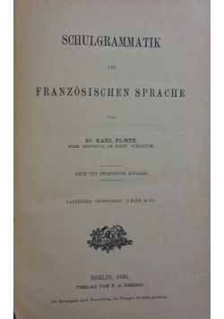 Schulgrammatik der Französischen sprache, 1885 r.