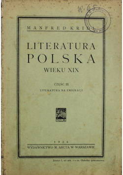 Literatura Polska wieku XIX część III 1926 r.
