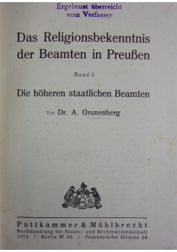 Das Religionsbekenntnis der Beamten in Preussen, band I. 1914 r.