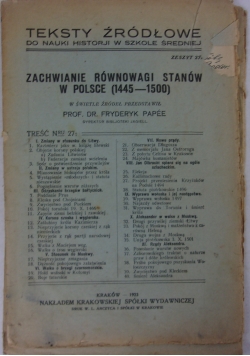 Teksty źródłowe, Zachwianie równowagi stanów w Polsce (1445-1500), 1923r.