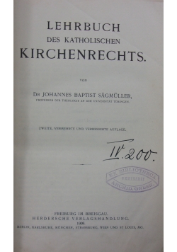 Lehrbuch des Katolischen Kirchenrechts, 1909 r.