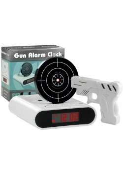 Pistolet laserowy z tarczą budzik zegarek biały