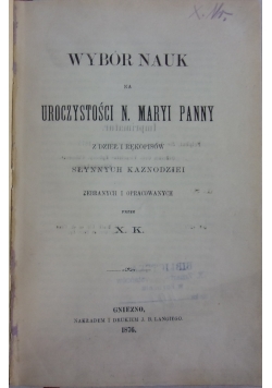 Wybór nauk na uroczystości N. Maryi Panny, 1876r.