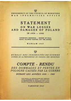 Statement on war losses and damages of Poland 1947 r.