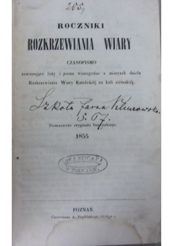 Roczniki Rozkrzewiania wiary, 1855r.