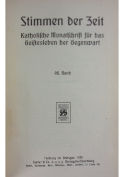 Stimmen der Zeit, 98. Band, 1920r.