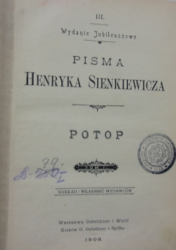 Pisma Henryka Sienkiewicza Potop, 1908 r.