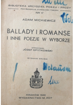 Ballady i Romanse i inne Poezje w Wyborze, 1949 r.