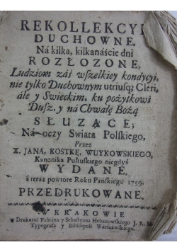 Rekolekcje Duchowne, 1759r.
